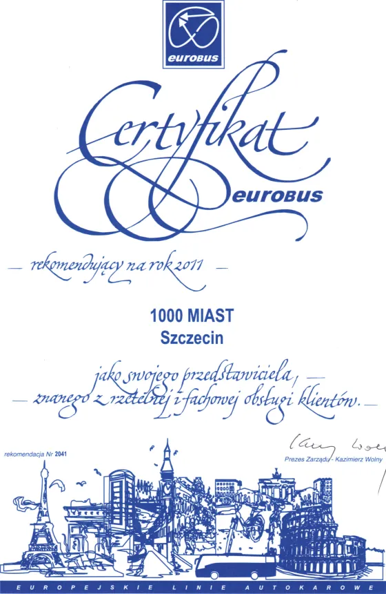 Certyfikat rekomendujący na rok 2011 — EUROBUS Sp. z o.o., 2011