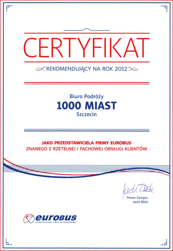 Certyfikat rekomendujący na rok 2012 — EUROBUS Sp. z o.o., 2012